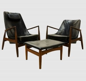 mid century chairs and ottoman