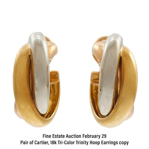 Pair of Cartier, 18k Tri-Color Trinity Hoop Earrings