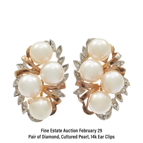 Pair of Diamond, Cultured Pearl, 14k Ear Clips