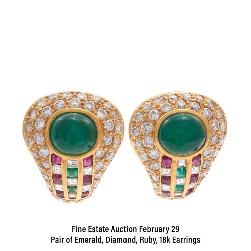 Pair of Emerald, Diamond, Ruby, 18k Earrings