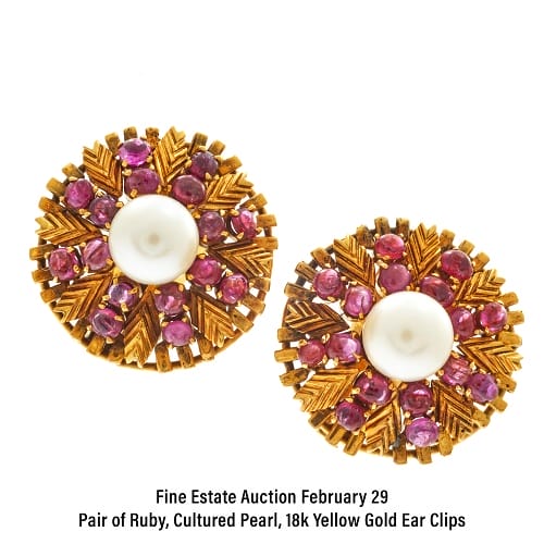 Pair of Ruby, Cultured Pearl, 18k Yellow Gold Ear Clips