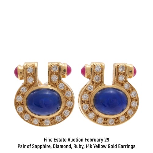 Pair of Sapphire, Diamond, Ruby, 14k Yellow Gold Earrings