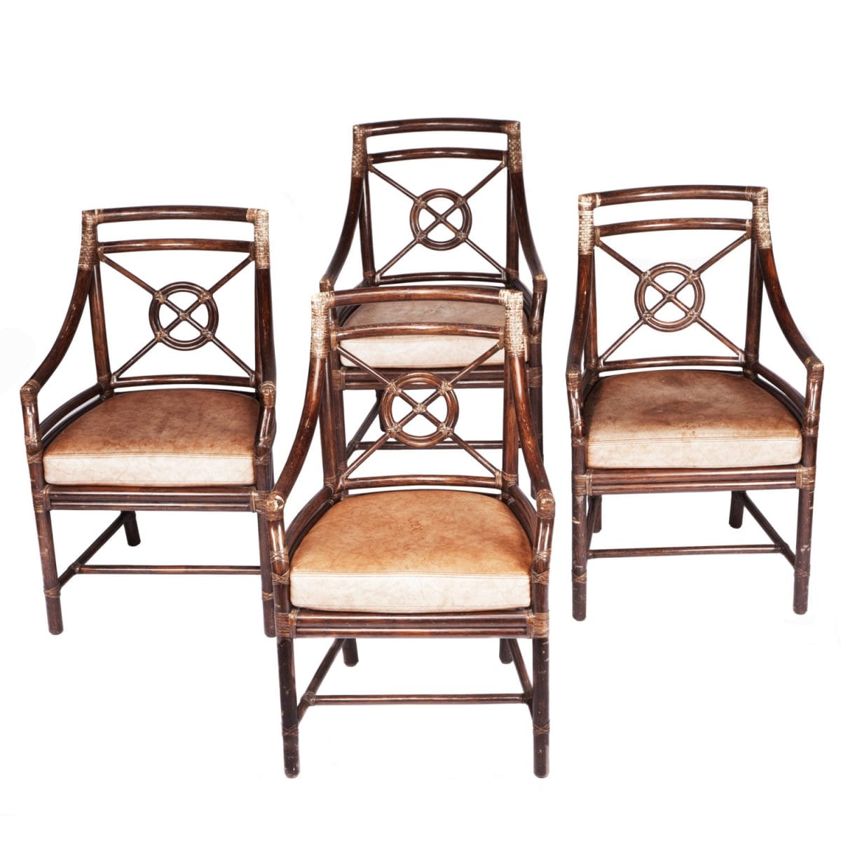 <p><a href="https://finesf.com/lot/set-of-four-mcguire-armchairs-4019115">Set of Four McGuire Target Chairs Designed by Elinor McGuire (M-59B/SL)</a></p>
